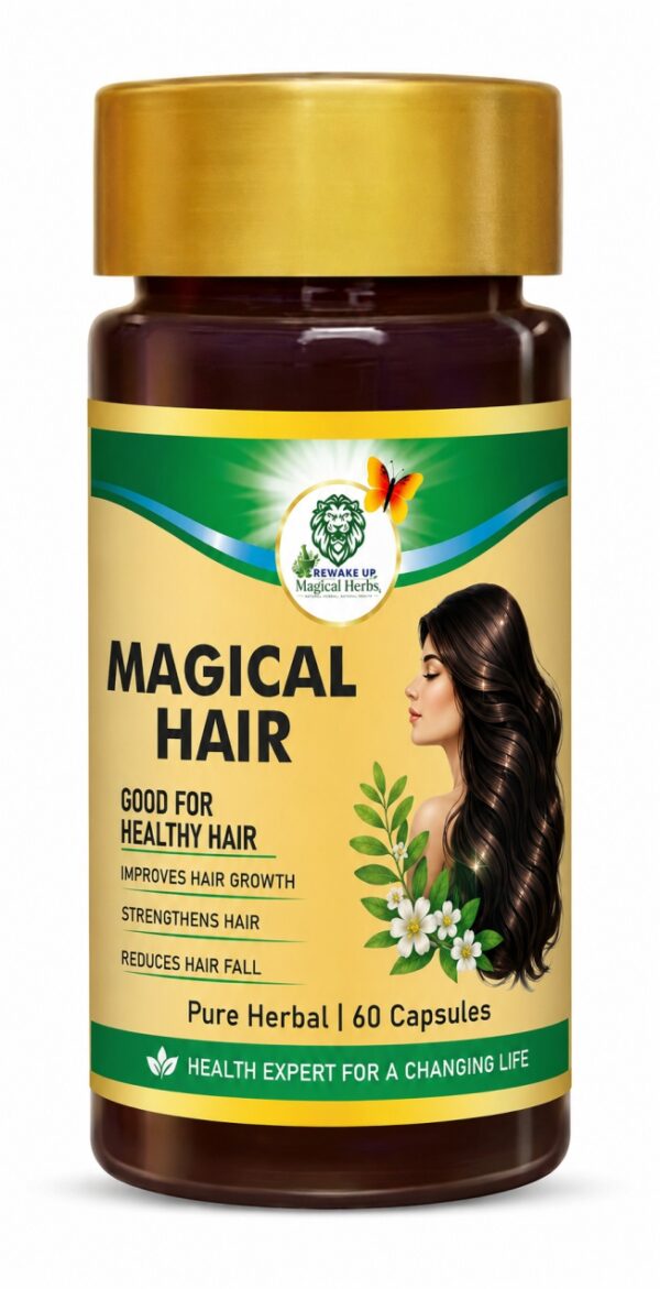 Magical Hair Capsules herbal supplement bottle with 60 capsules, designed to support healthy hair growth, strengthen hair roots, and help reduce hair fall naturally." Alternative Alt Texts "Magical Hair Capsules by Rewake Up Magical Herbs for hair growth, stronger hair, and hair fall control." "Herbal hair care supplement bottle featuring Magical Hair Capsules with 60 capsules for healthy and strong hair." "Natural herbal hair growth capsules in a premium bottle packaging with hair fall support benefits." "Magical Hair Capsules product packaging with herbal formula for healthy hair growth and stronger hair." "Hair wellness supplement bottle containing 60 herbal capsules for hair strength, growth, and nourishment.