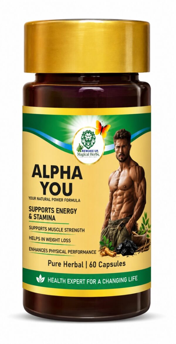 Alpha You Capsules herbal supplement bottle with 60 capsules for energy, stamina, muscle strength and physical performance support
